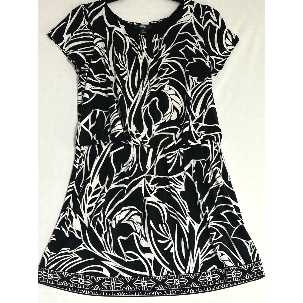 Alfani Petite Black White Abstract Leaf Print Short Sleeve Blouson Dress PS